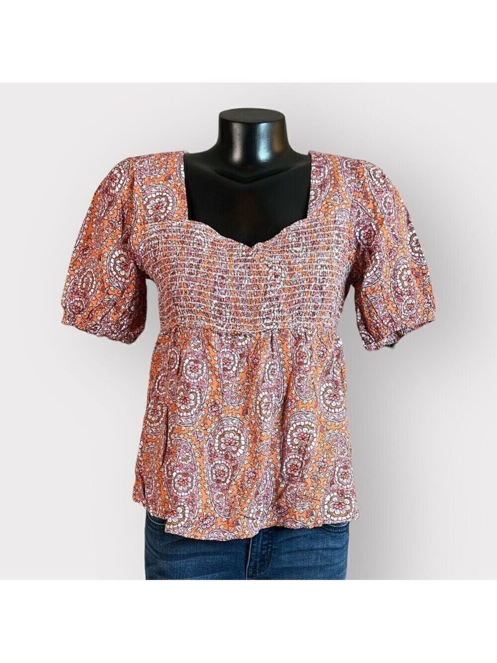 Mason & Belle NWT Womens M Boho Floral Smocked Puff Sleeve Peplum Top NEW Orange
